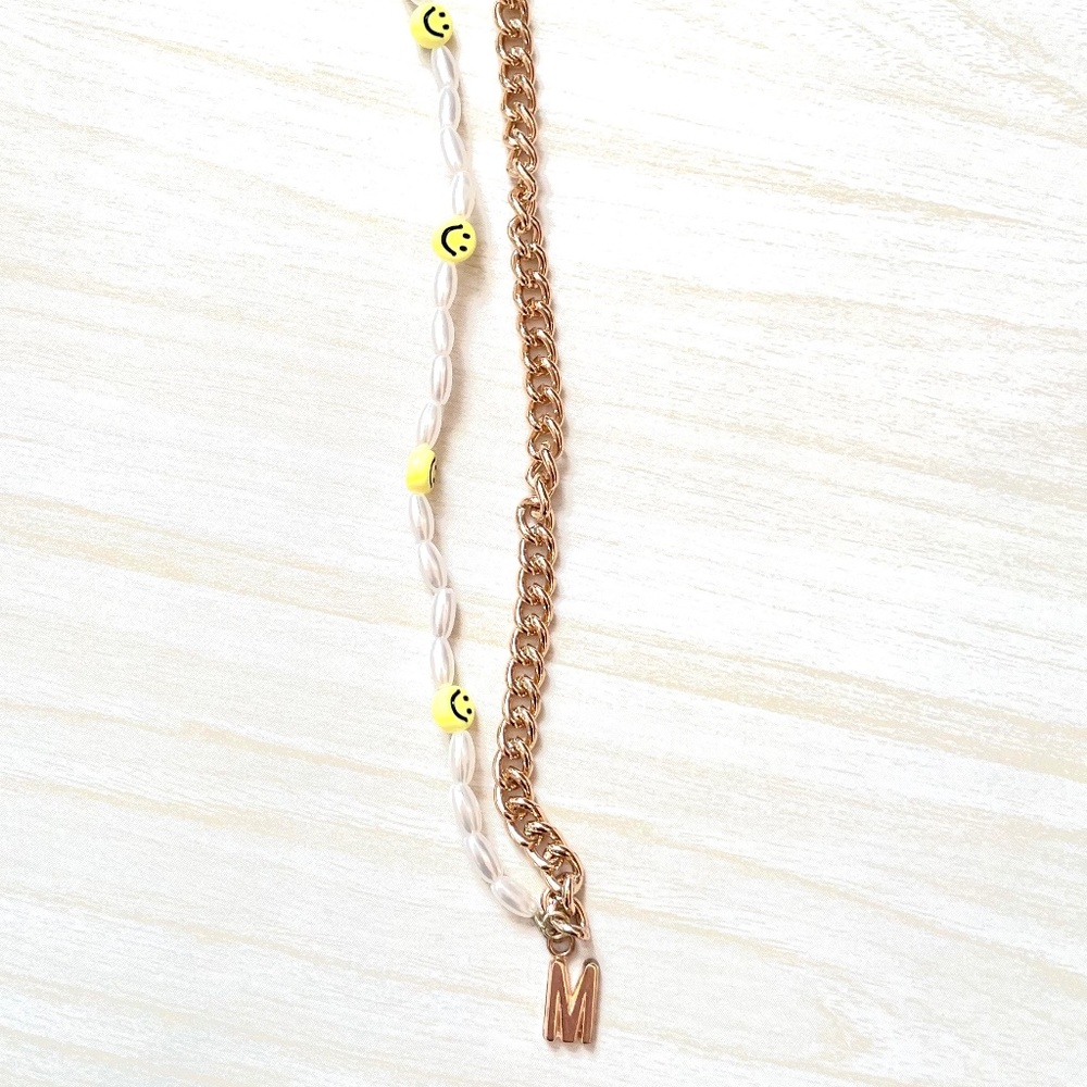 Smiley Face Necklace Half Pearl Bead and Smiley faces, Half Gold Chain M initial